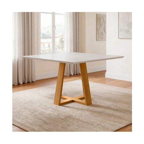 Mesa de Jantar 8 Lugares Quadrada 135cm Tampo MDF com Vidro Elian N01 Ypê Off White - Lyam Decor
