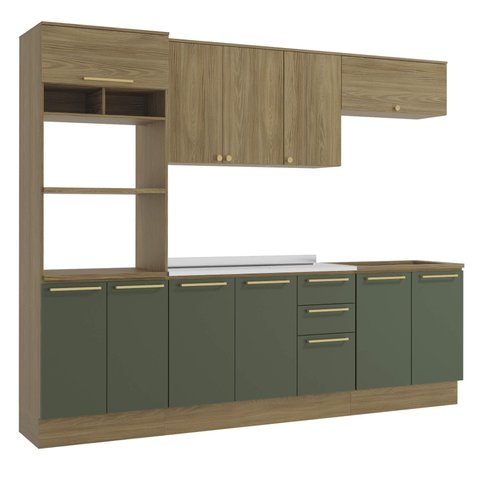 Armário de Cozinha Modulada Completa Reta 6 Peças 2,70m Botanic Kappesberg - Nogueira/Verde Oliva