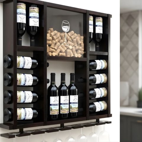 Adega de Madeira Maciça para 15 Garrafas de Vinho com Porta Rolhas e Porta Taças - Nogueira