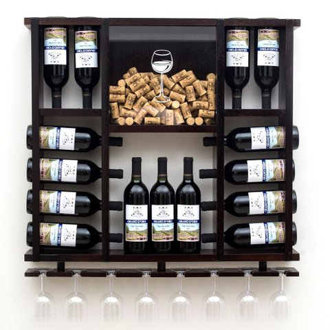 Adega de Madeira Maciça para 15 Garrafas de Vinho com Porta Rolhas e Porta Taças - Nogueira