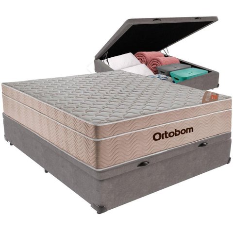 Cama Box Baú e Colchão Airtech Springpocket Molas Ensacadas Casal Ortobom Casal Cinza