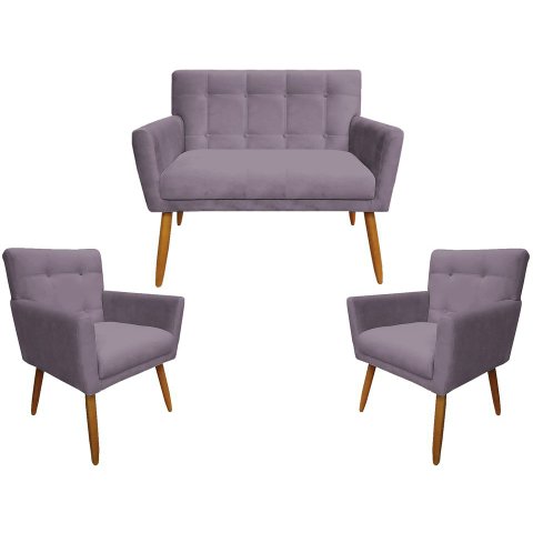 Kit Namoradeira + 2 Poltronas Decorativa Onix Suede Rosê Pés Madeira Mz Decor