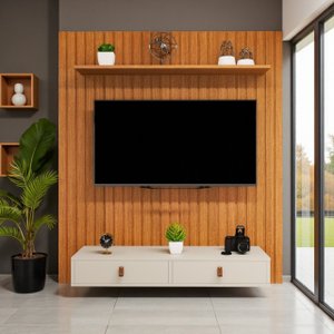 Painel para Tv 50 Polegadas Ripado 120cm Rack Suspenso Puxadores Couro Corrediças Telescópicas Inten