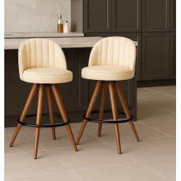Kit 2 Banquetas Lara Giratórias em Madeira Mel com Courino Palha – Exclusiva Courino Durango Palha - 1