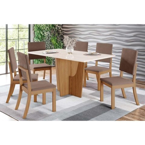 Conjunto: Mesa Sala Jantar Vértice Tampo Madeirado C/ Vidro 160x80cm e 6 Cadeiras Milla Nature/