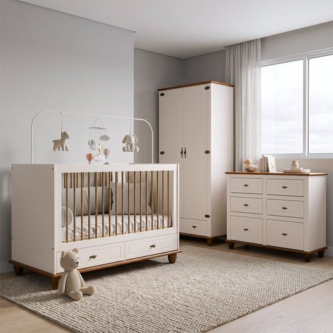 Quarto de Bebê Joy 3 Peças: Berço + Cômoda + ROUPEIRO2P Off White/Nogueira