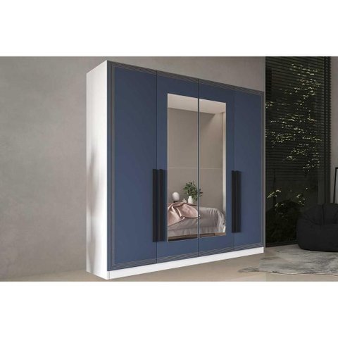 Guarda Roupa 4 Portas (2 C/ Espelho) e 4 Gavetas Valência Branco/azul - Politorno