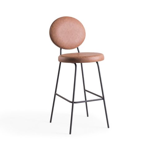Banqueta Alta Estofada Moa Base Aço Preta / Tecido Marrom