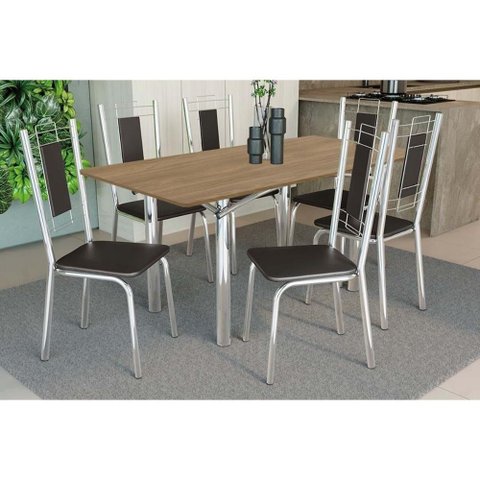 Conjunto: Mesa Sala Jantar Elba C/ Tampo de Madeira 160cm e 6 Cadeiras Florença Cromada/nogueira -