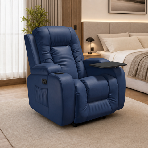 Poltrona Papai Reclinável Massagem Aquecimento Corino Azul Denim Premium Manual Fixa