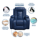Ver imagem 6 de Poltrona Papai Reclinável Massagem Aquecimento Corino Azul Denim Premium Manual Fixa