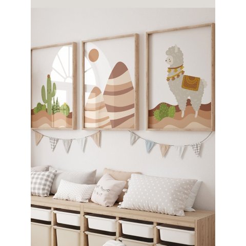 Kit 3 Quadros Decorativos Lhama e Cactus No2