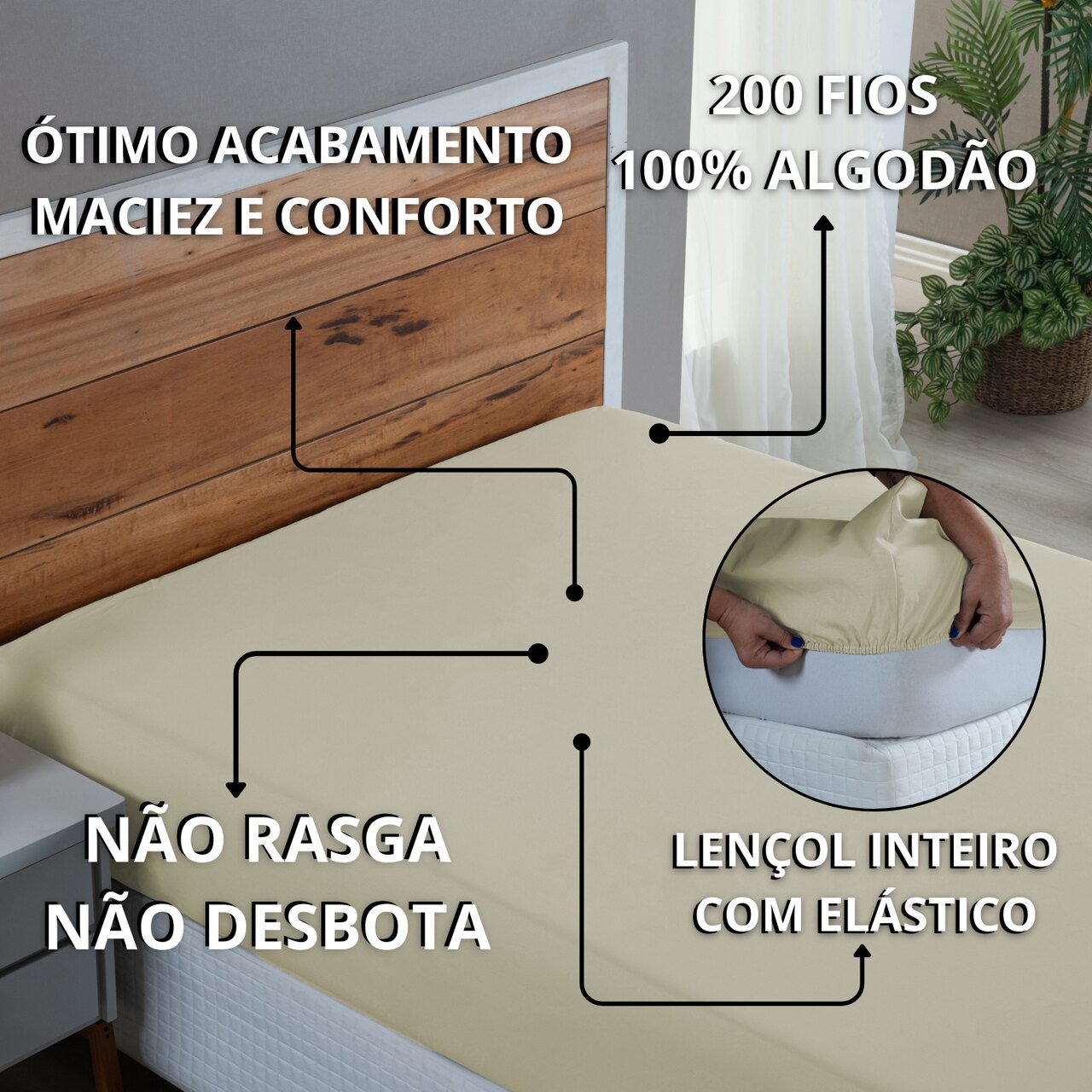 Lençol Queen 200 Fios Algodão Avulso Padrão Forro de Cama Box com Elástico:palha - 6