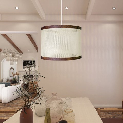 Pendente Luminária Ravena Redonda Cor Palha Indiana Sintética Ratan Fio Branco 150cm D40