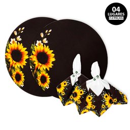 Kit Mesa Posta Sousplat 4 Lugares 12 Pçs Micropercal 200 Fios Girassol Amarelo (Capa+Guardanapo+ - 1
