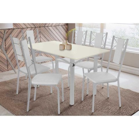 Conjunto: Mesa de Cozinha Elba Tampo Madeirado C/ Vidro 160cm e 6 Cadeiras Lisboa Cromada/off White