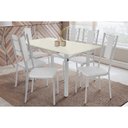 Ver imagem 1 de Conjunto: Mesa de Cozinha Elba Tampo Madeirado C/ Vidro 160cm e 6 Cadeiras Lisboa Cromada/off White