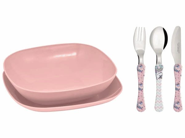 Conjunto pratos e talheres infantil - Rosa - Unicornio