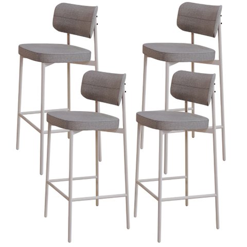 Kit 04 Banquetas Alta Bar Cozinha Sala de Jantar Aço Branco Kaira C01 Linho Cinza - Lyam Decor