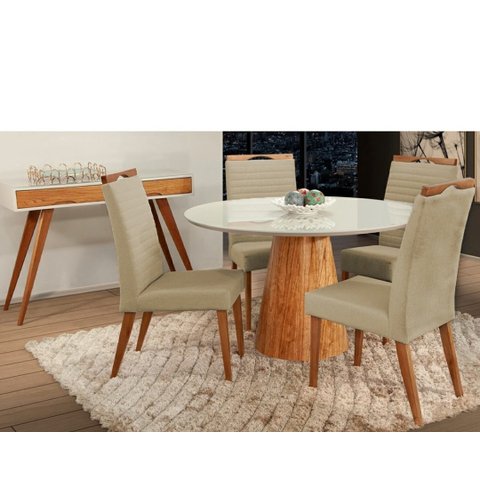 Mesa De Jantar Cone Base Mel + 4 Cadeiras Beatriz Bege - Tampo Redondo Com Vidro 90 cm Off White