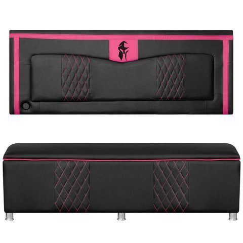 Kit Quarto Gamer Baú e Painel Fighter Usb 160cm Cama Queen:preto e Pink