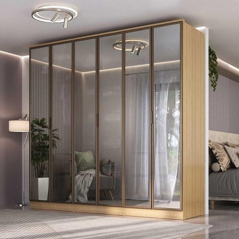 Guarda Roupa Moderno C/ 6 Portas Reflecta e Led 100% Mdf Cor:olmo