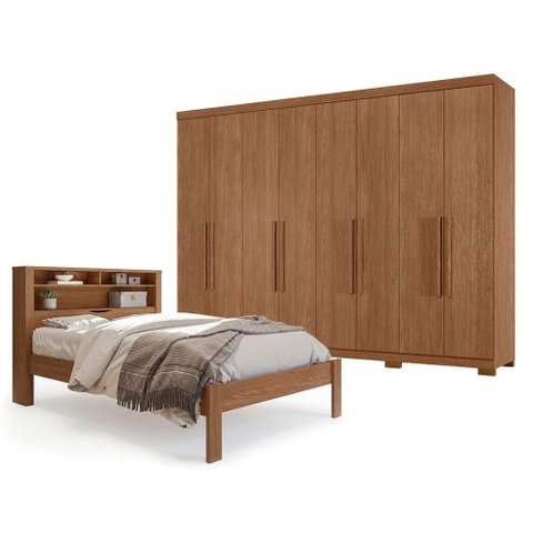 Guarda Roupa Casal 8 Portas 4 Gavetas Master New com Pés e Cama Casal Invicta Jatobá Acetinado -
