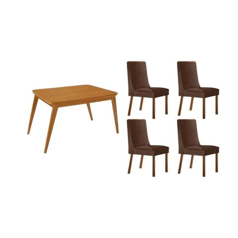 Conjunto: Mesa de Cozinha Havana C/ Tampo Madeirado Canto Curvo 120x80cm e 4 Cadeiras Dakota