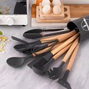 Ver imagem 1 de Jogo Colheres Conjunto Talheres Bamboo Kit Utensílios de Cozinha Completo 12 Peças Silicone Alta Res