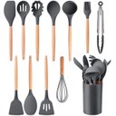 Ver imagem 2 de Jogo Colheres Conjunto Talheres Bamboo Kit Utensílios de Cozinha Completo 12 Peças Silicone Alta Res