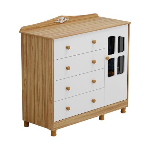 Cômoda Infantil 1 Porta com Janela e 4 Gavetas 100% Mdf Elô New Móveis Peroba Branco Brilho/amê
