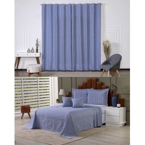 Kit Colcha Cobre Leito Casal + Cortina 3 Metros Tecido Rústico Topázio 6 Peças:azul