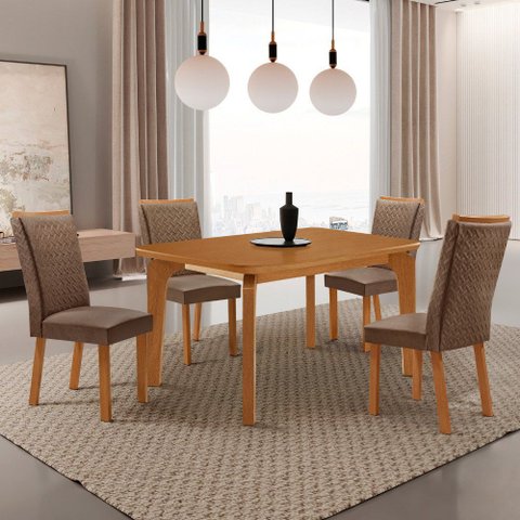 Mesa de Jantar Liz 120cm Tampo MDF Laminado Canto Copo com 4 Cadeiras Lisa Moderna Mobília