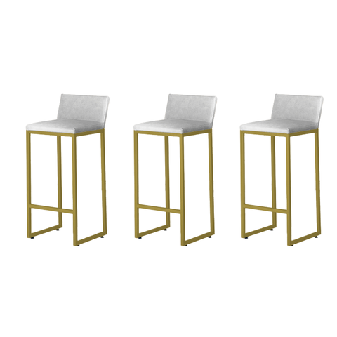 Kit3 Banquetas Alta Dani Reforçada Decorativa Balcão Bancada Cozinha Bar Base Dourada Courino Branco