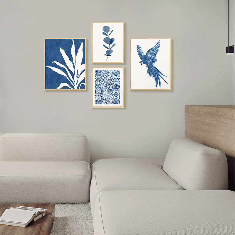 Kit 4 Quadros Decorativos Azul Papagaio Folhagens Abstrato - 3