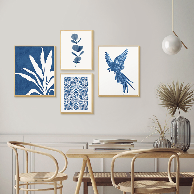 Kit 4 Quadros Decorativos Azul Papagaio Folhagens Abstrato