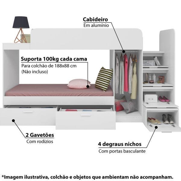 Beliche Infantil Star 2 Gavetões 5 Portas e Armário com Cabideiro - Branco - 4