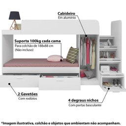 Beliche Infantil Star 2 Gavetões 5 Portas e Armário com Cabideiro - Branco - 4 Beliche Infantil Star 2 Gavetões 5 Portas e Armário com Cabideiro - Branco - 4