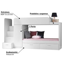 Beliche Infantil Star 2 Gavetões 5 Portas e Armário com Cabideiro - Branco - 3 Beliche Infantil Star 2 Gavetões 5 Portas e Armário com Cabideiro - Branco - 3