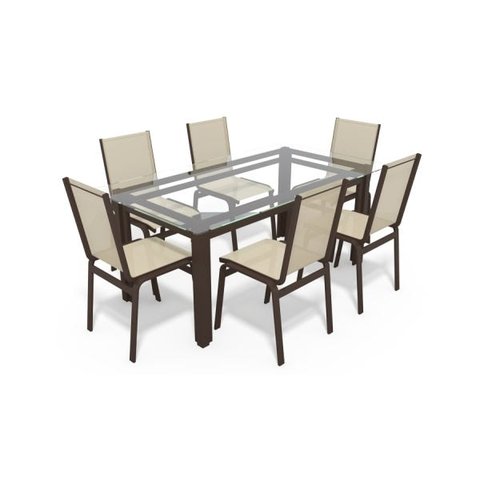 Sala de Jantar Retangu 6 Lugares Alumínio Marrom Tela Bege