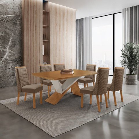 Mesa de Jantar Yasmin 180cm Tampo MDF Laminado Canto Copo com 6 Cadeiras Carolina