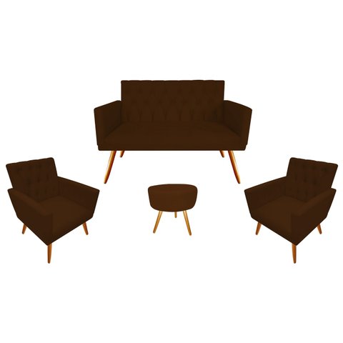 Kit Namoradeira + 2 Poltronas Decorativa Nina Capitonê + Puff Redondo Couro Marrom Pés Madeira Mz De