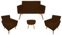 Ver imagem 1 de Kit Namoradeira + 2 Poltronas Decorativa Nina Capitonê + Puff Redondo Couro Marrom Pés Madeira Mz De