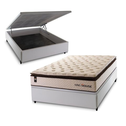 Conjunto Box Baú Casal Quartzo Branco 138x188x78 c/ Molas Ensacadas