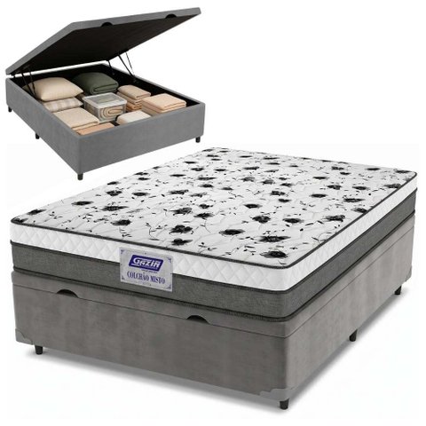 Cama Box Baú Casal Colchão Espuma D33 Fort 138x188x62cm Cinza/Branco-Suporta até 150kg por Pessoa