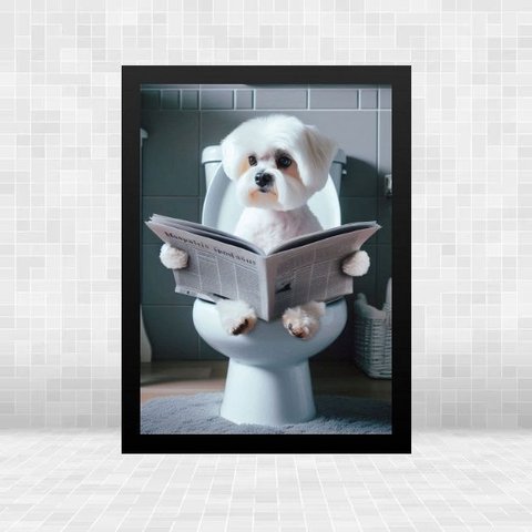Quadro para Banheiro Cachorrinho Maltês 24x18cm - com Vidro:moldura Branca