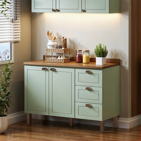 Balcão para Pia Modelo Americano Provençal 2 Portas 3 Gavetas Frentes em MDF com Tampo Verde/Mint/Ébano