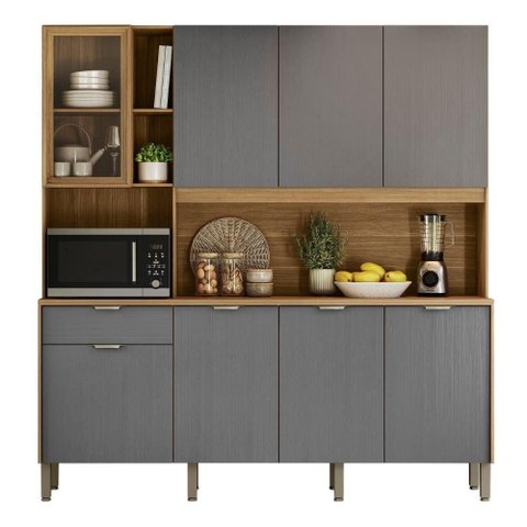 Armário de Cozinha Compacta 8 Portas 4 Nichos Namastê Madeirado / Cinza