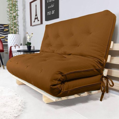 Sofa Cama Casal Futon Oriental Caramelo com Madeira Maciça