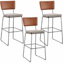Ver imagem 1 de Kit 03 Banquetas Altas Cozinha Sala Jantar Fixa Allana L02 Couríssimo Camel Linho Bege - Lyam